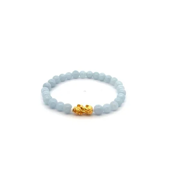 18K Gold Pixiu Piyao Lucky Charm Bracelet Natural Aquamarine Gemstones 6mm - Picture 1 of 5